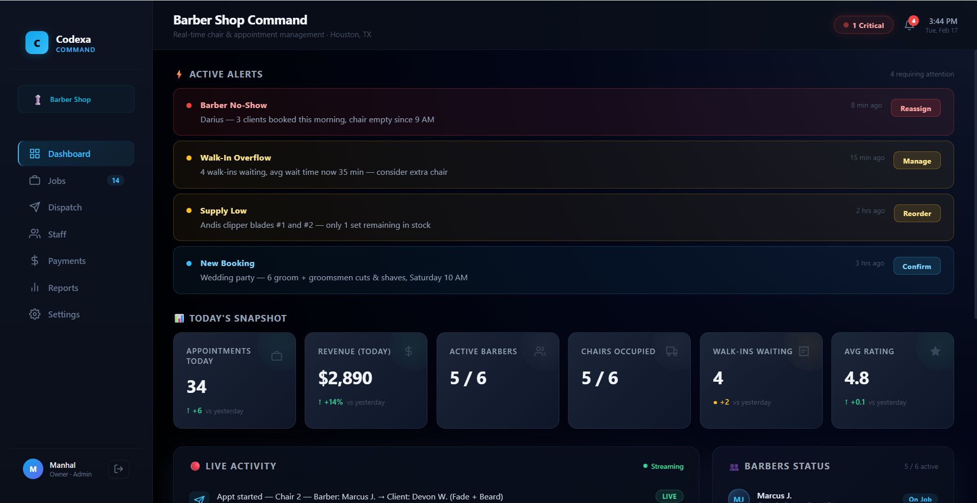 Codexa Command - Barber Shop Dashboard
